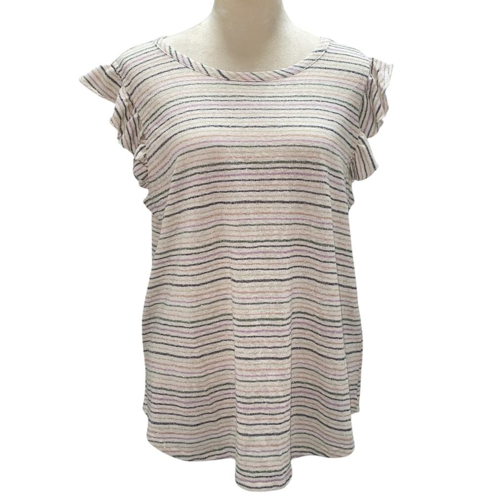 Kim & Cami XL Los Angeles Metallic Striped Ivory Ruffled Cap Sleeve Blouse/Shirt